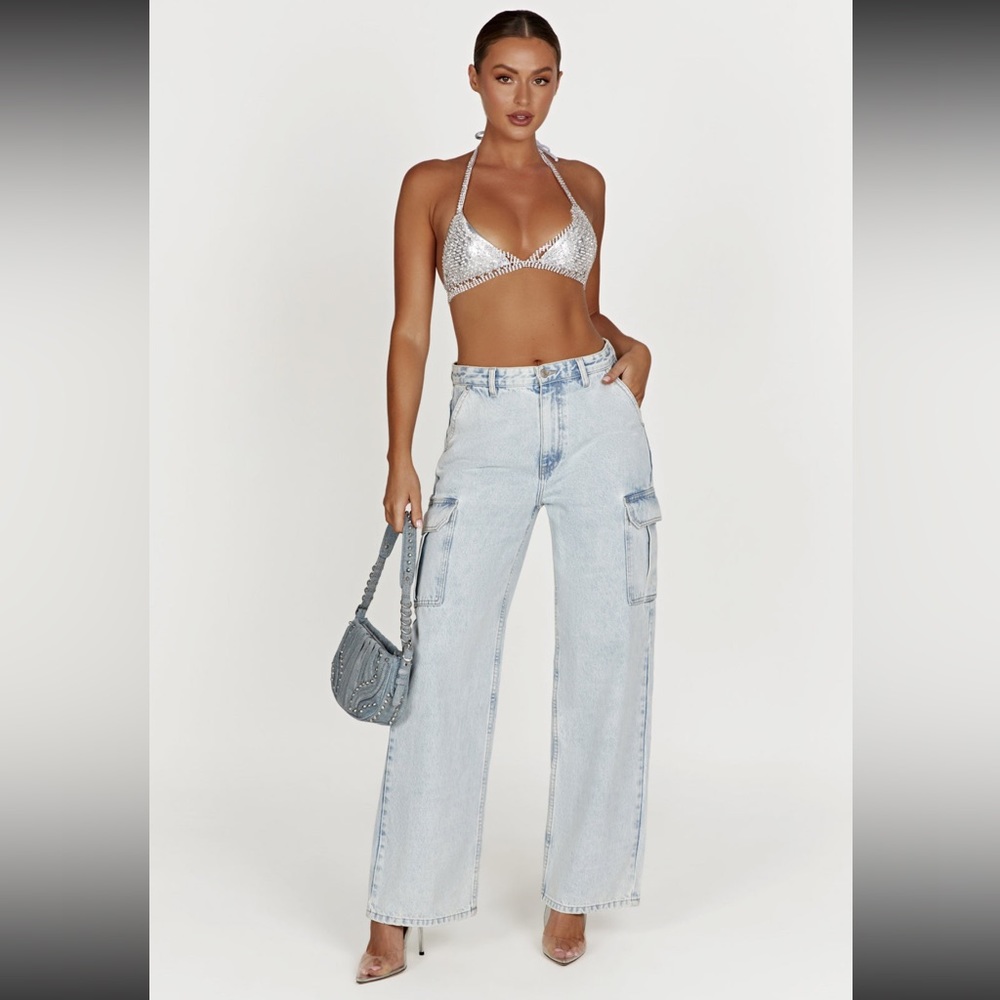 MESHKI- JAGGER MID RISE OVERSIZED DENIM JEAN - CARGO LIGHT BLUE